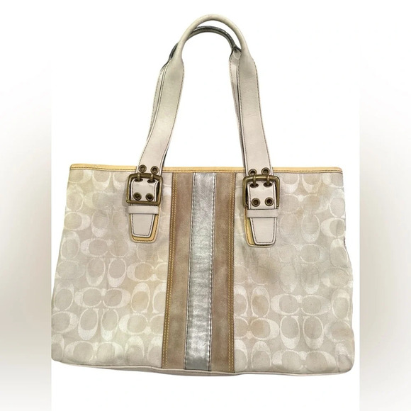 COACH 2181 Limited Ed. Metallic Silver Slim Tote Canvas Bag Yellow Patent Trim - Picture 1 of 7